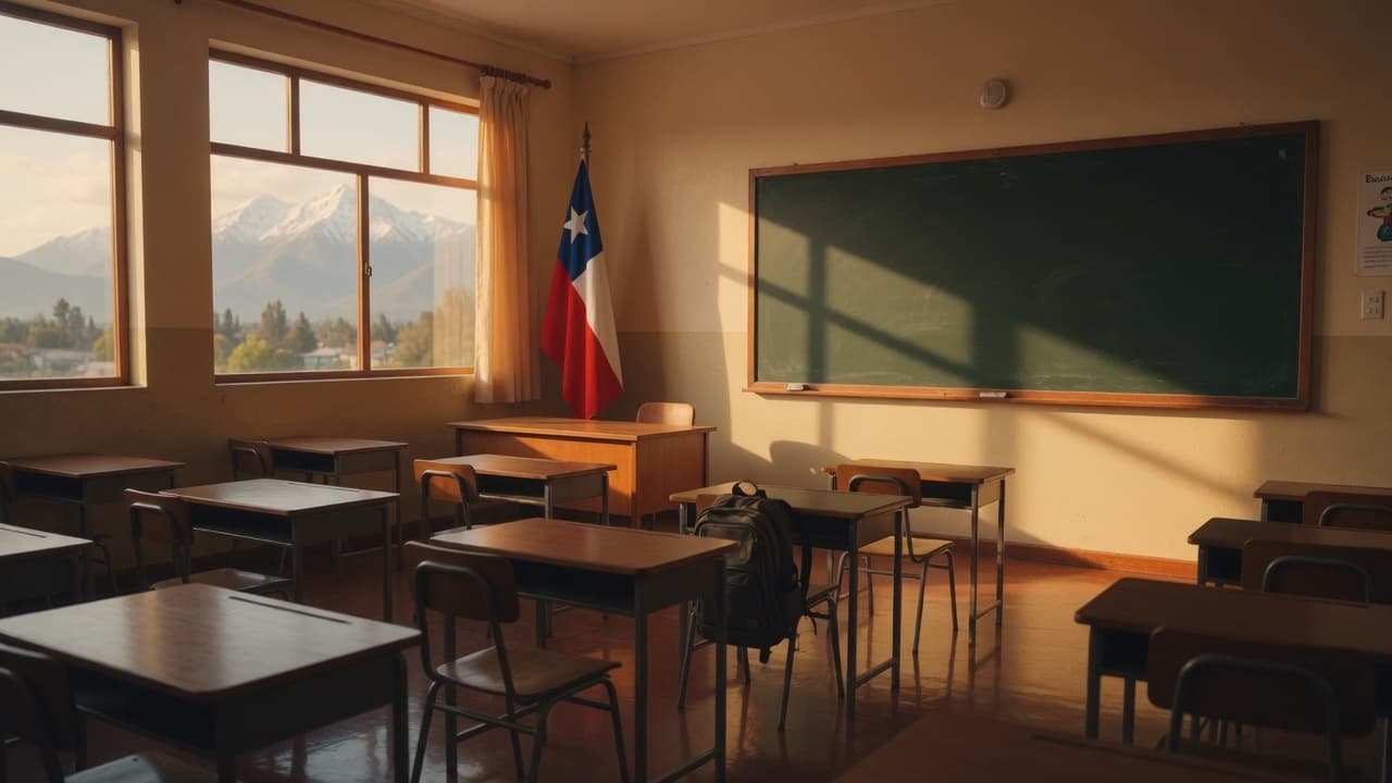 Sala de liceo con pizarra, bandera y mochila junto a los pupitres