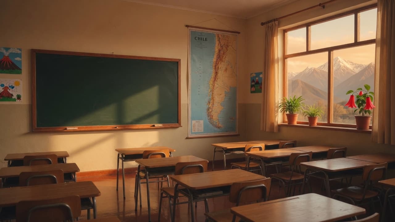 Aula de básica con pizarra, mapa de Chile y la cordillera en la ventana