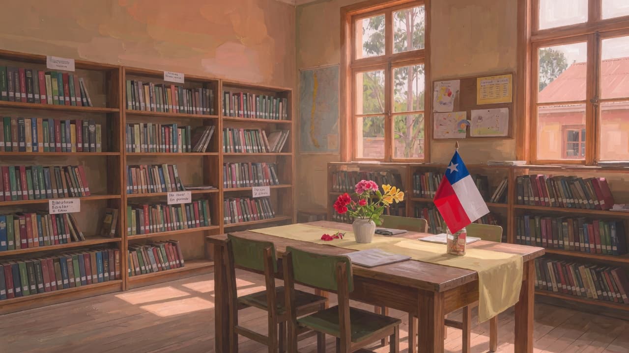 Biblioteca escolar con estantes de madera, mesa de lectura y luz de tarde