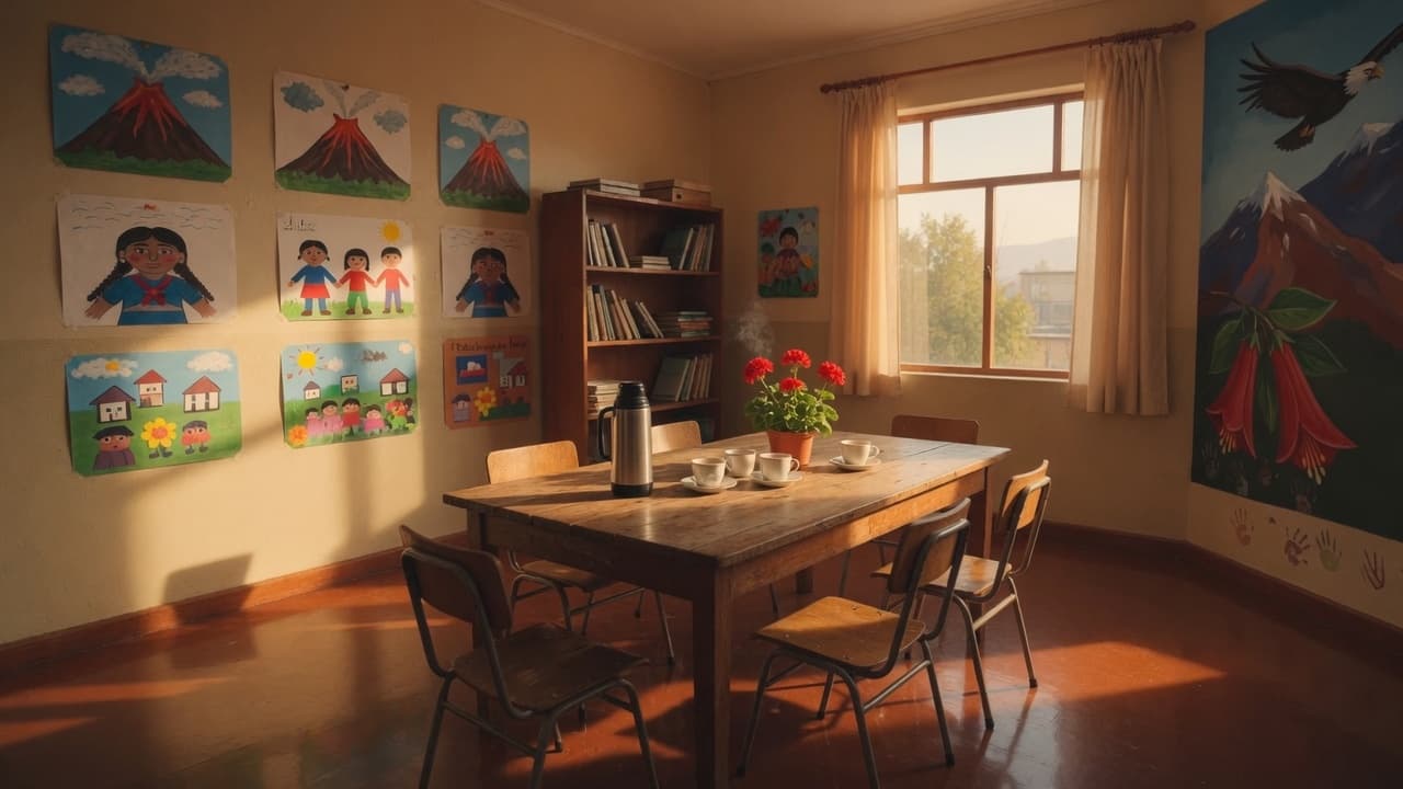 Sala de escuela preparada para una reunión de familias, con termos y geranios