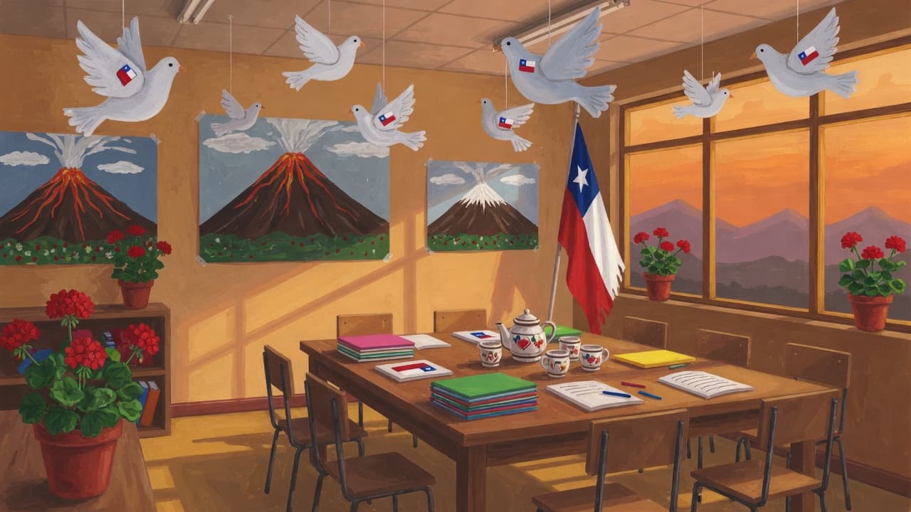 Aula chilena con palomas de papel, mesa preparada y la cordillera al atardecer
