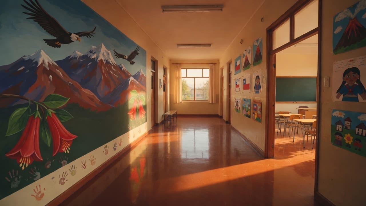 Pasillo de escuela con mural de cordillera y copihues, y un aula al fondo