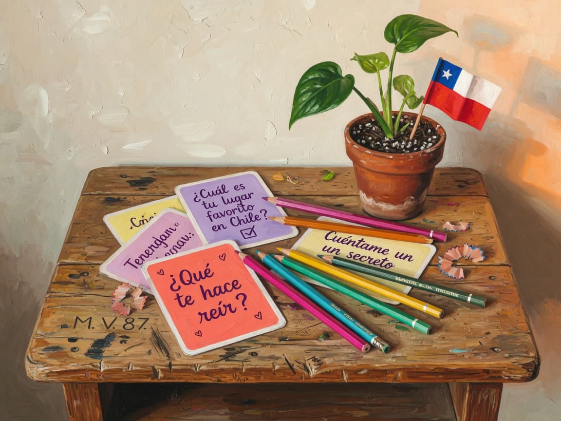 Materiales y cartas de conversación sobre un pupitre