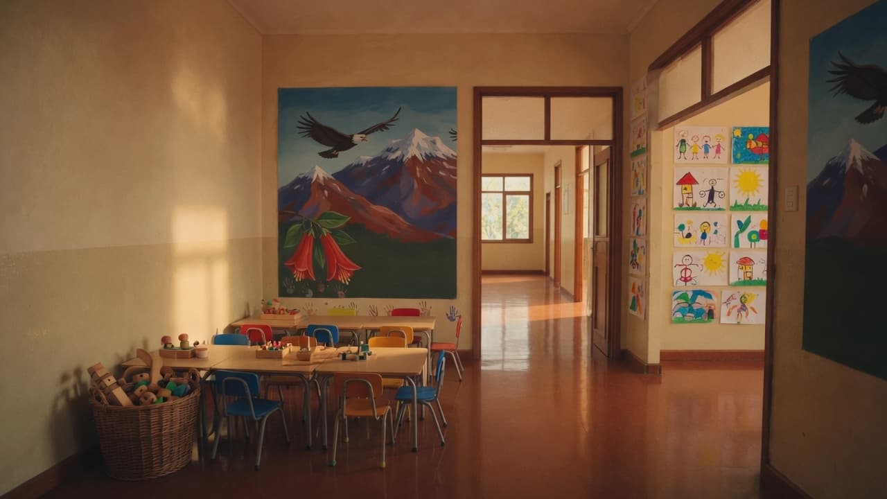 Sala de párvulos con mesas bajas, juguetes de madera y el mural de la cordillera