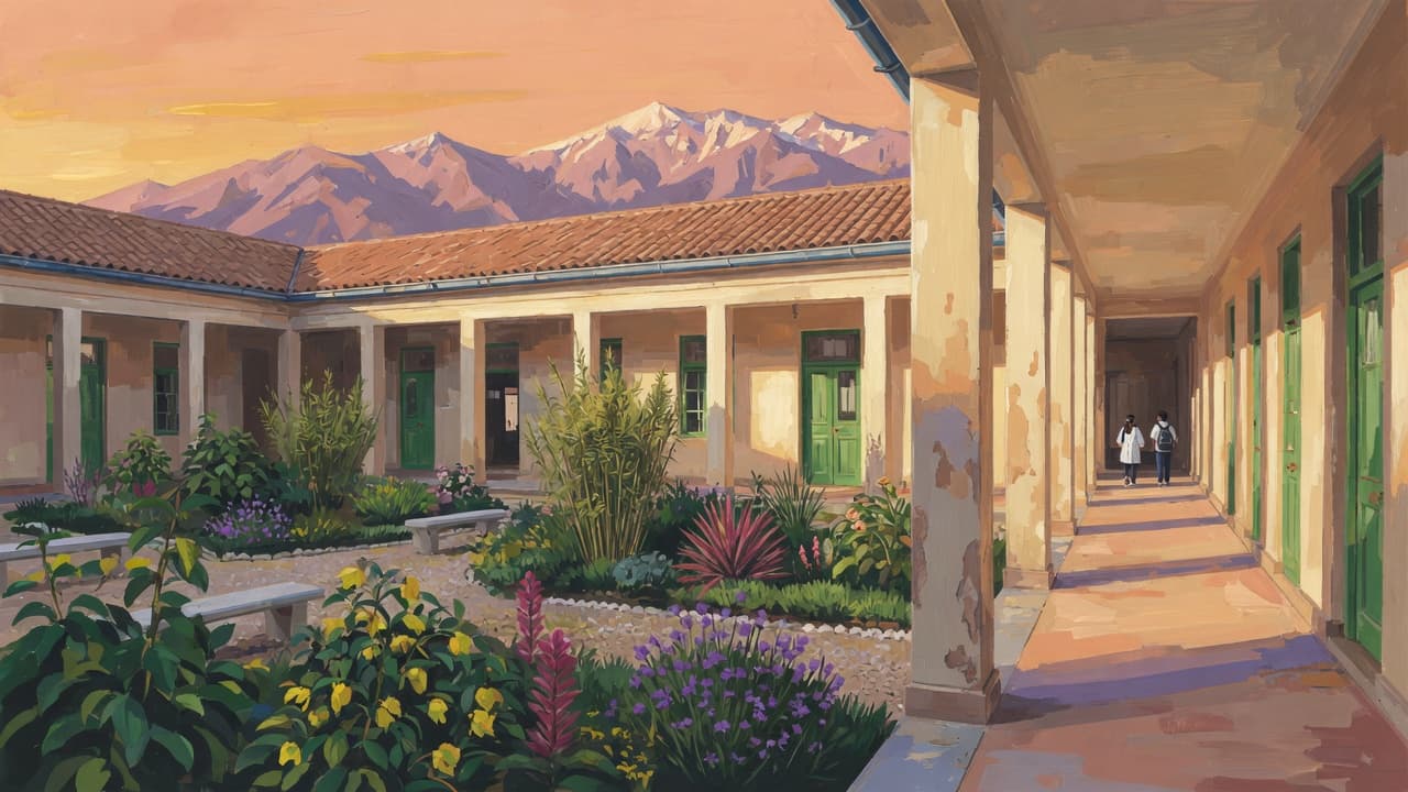 Patio de un establecimiento chileno al atardecer