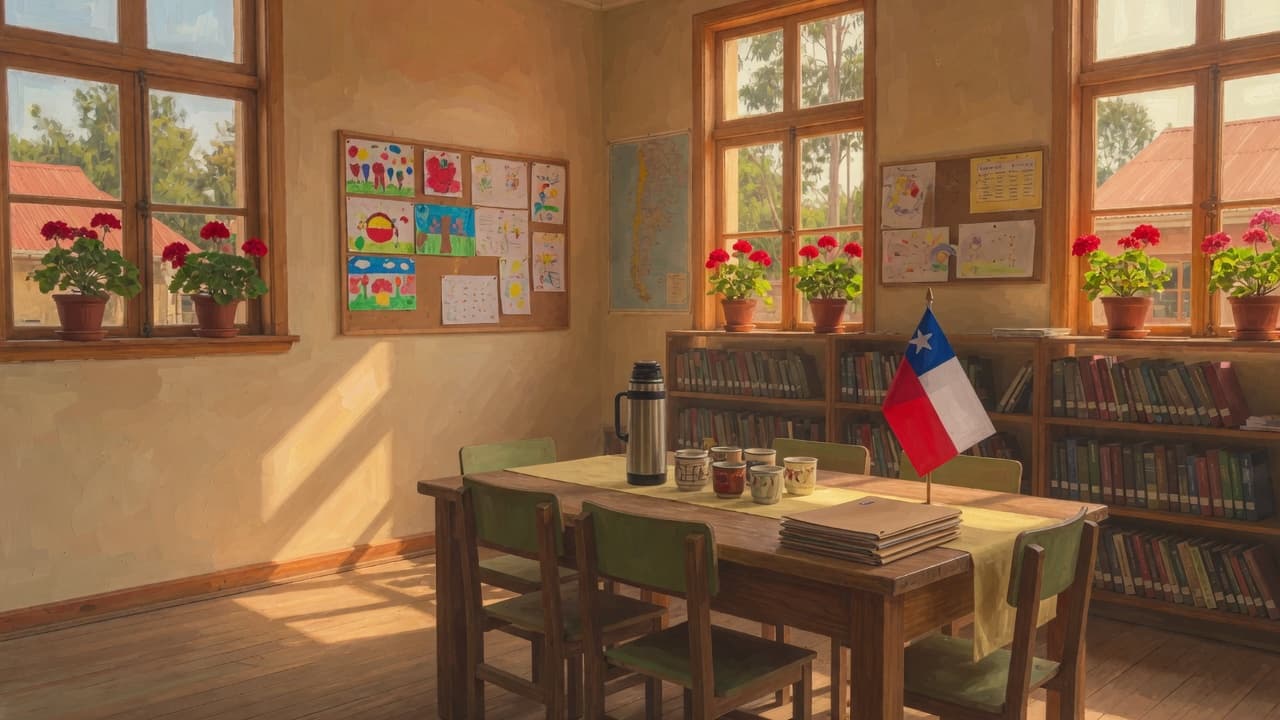 Sala de biblioteca preparada para una reunión de familias, con termos y geranios